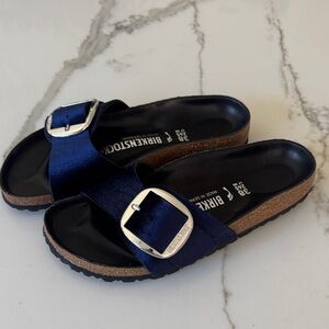 Birkenstock Big Buckle Midnight Velvet Blue Slides 38 (7.5)